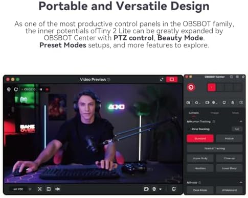 OBSBOT Tiny 2 Lite 4K AI PTZ Webcam